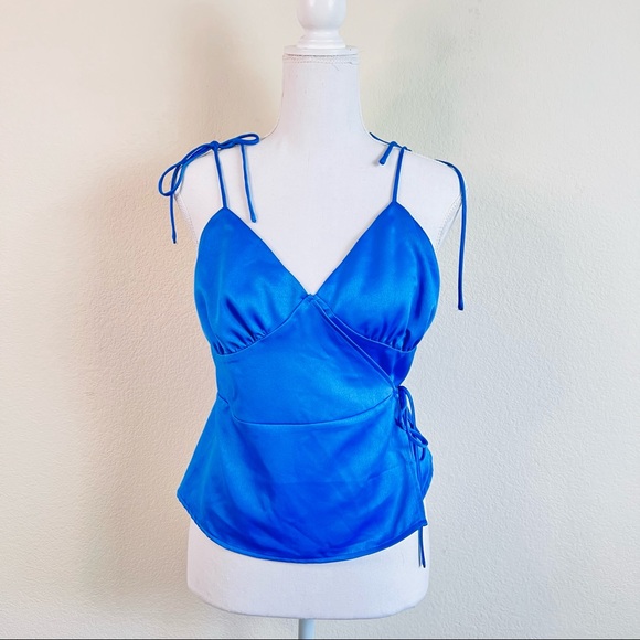 NWT Fashion Union Royal Blue Satin Wrap Self-Tie Peplum Cami Tank Top - Picture 2 of 12